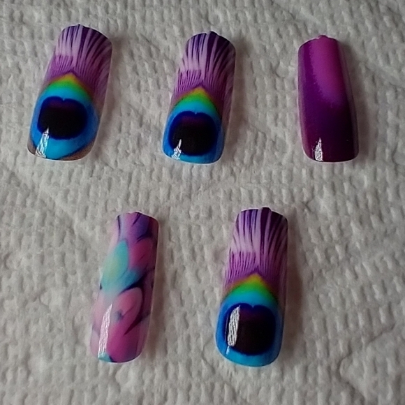 Press on nails peacock feather purple blue black nail set - Picture 1 of 2